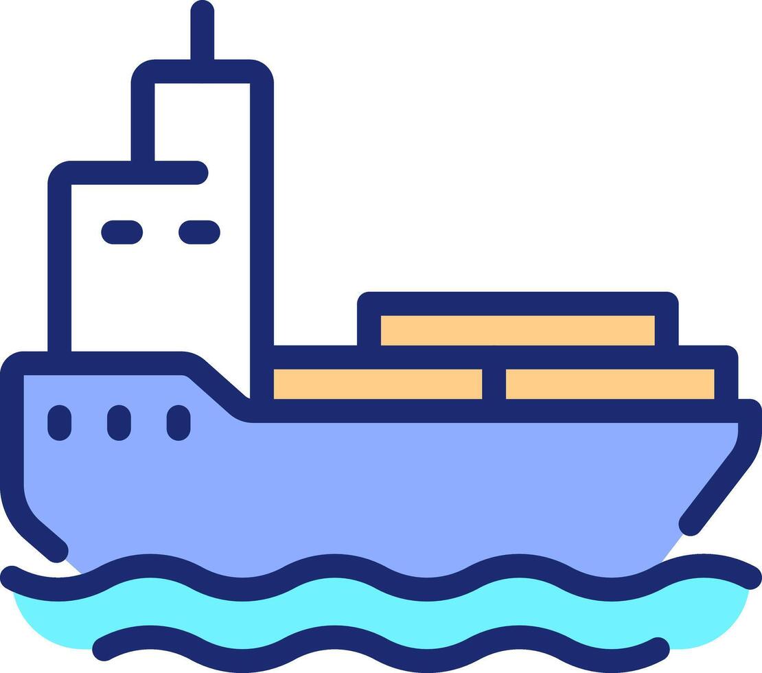 Barge pixel perfect line color icon. Water transport in shallow water. Cargo ship carrying freights. Maritime industry. Isolated illustration. Flat colorful symbol design. Editable stroke vector