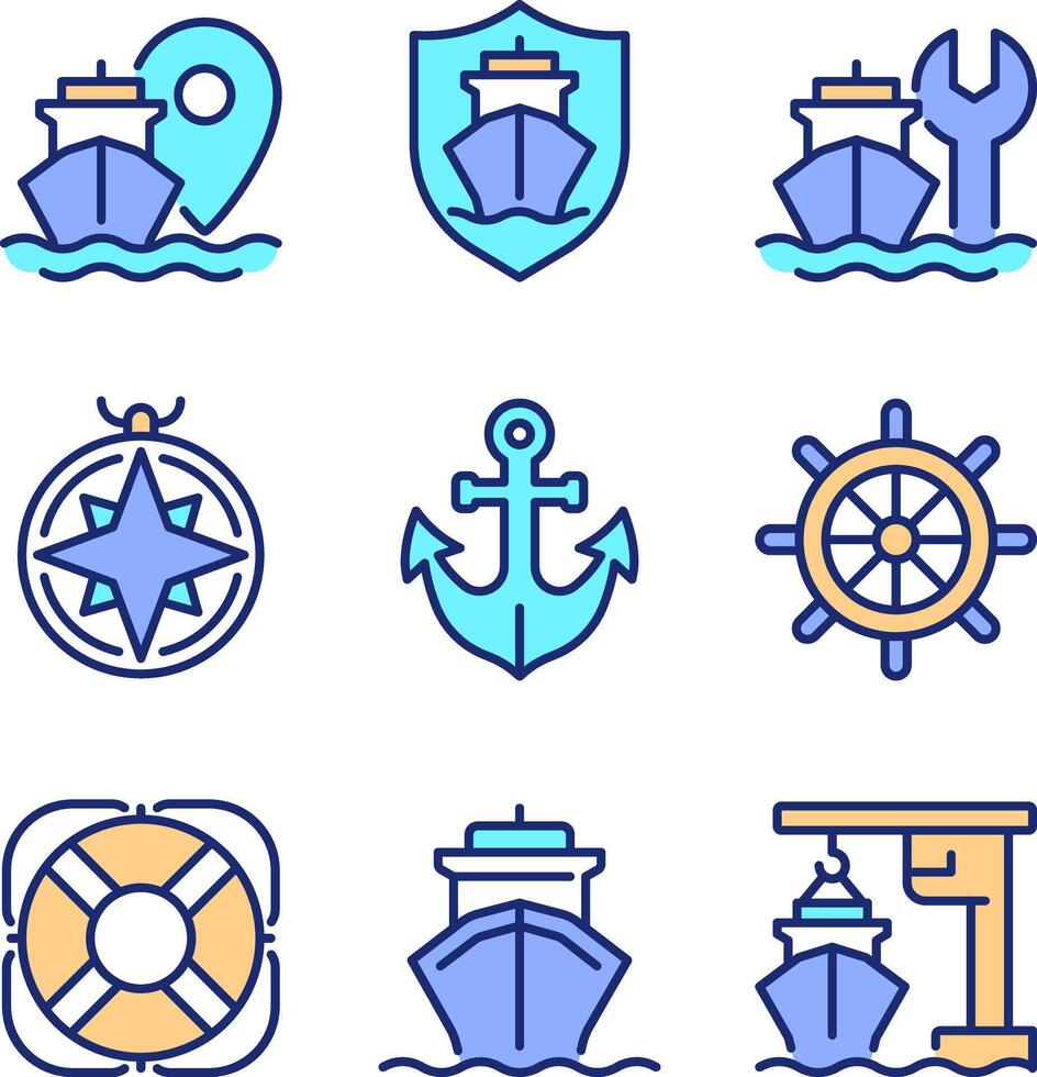 Maritime shipping industry pixel perfect line color icons set. Transporting cargoes by sea. Delivery industry. illustrations. Simple flat colorful symbols collection. Editable stroke vector