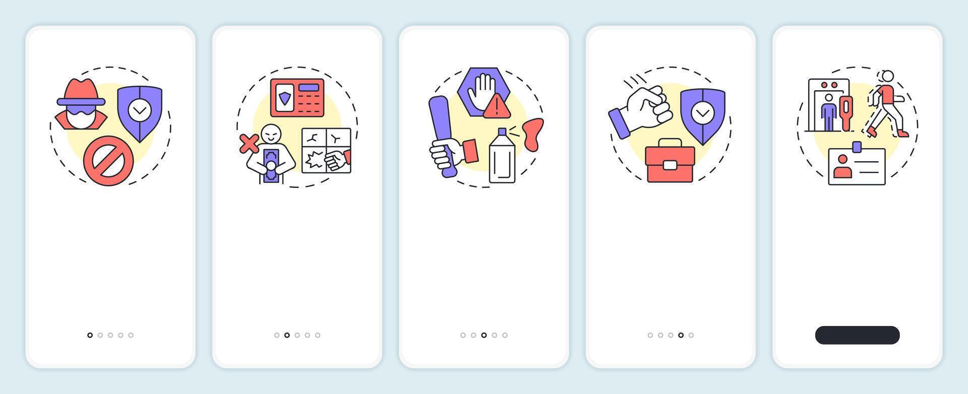 Physical security threats and risks onboarding mobile app screen. Walkthrough 5 steps editable graphic instructions with linear concepts. UI, UX, GUI vector