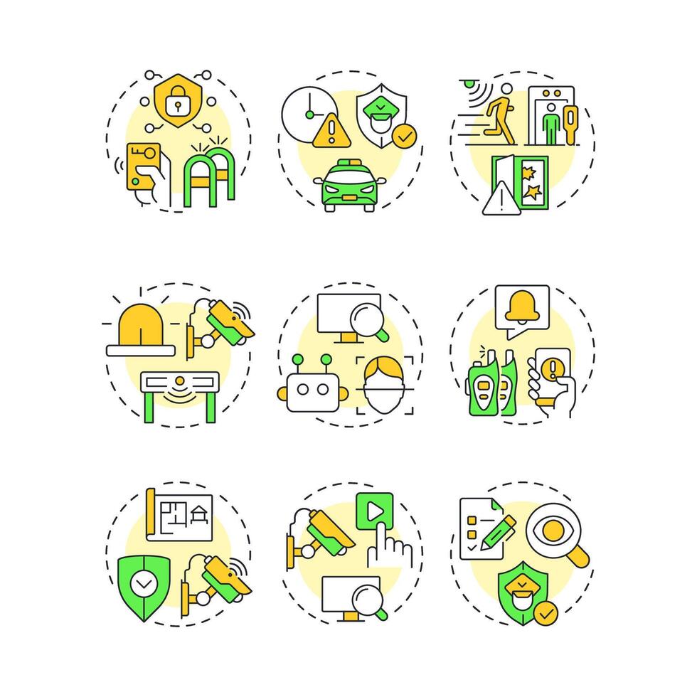 Physical security multi color concept icons. Safety providing strategy. Protecting people and assets. Icon pack. Round shape illustrations for presentation. Abstract idea vector