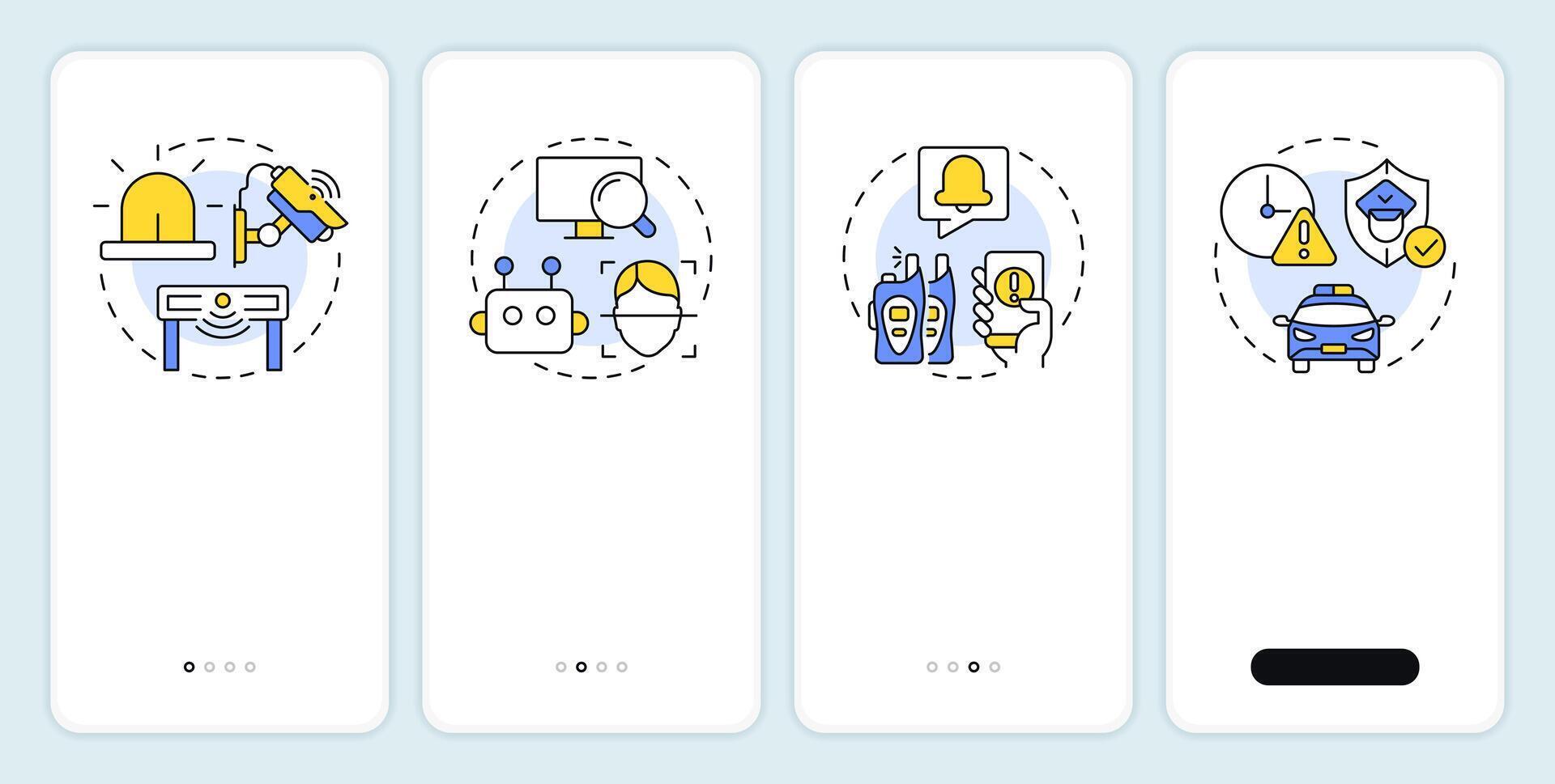 Physical security ecosystem onboarding mobile app screen. Protection. Walkthrough 4 steps editable graphic instructions with linear concepts. UI, UX, GUI vector