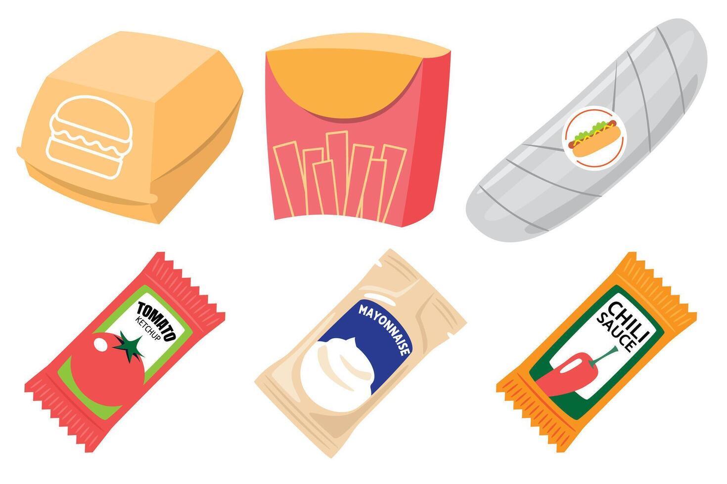 Fast Food Packaging and Sauce Sachets Set vector
