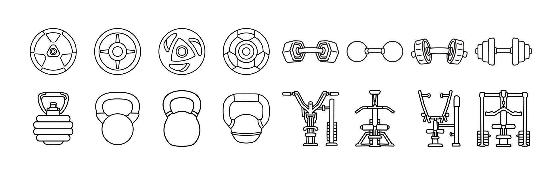 Gym equipment line art icon set. Fitness tool outline symbol sign illustration collection. Dumbbell, kettlebell, weight plate and lat pulldown machine for weightlifting, bodybuilding, workout vector