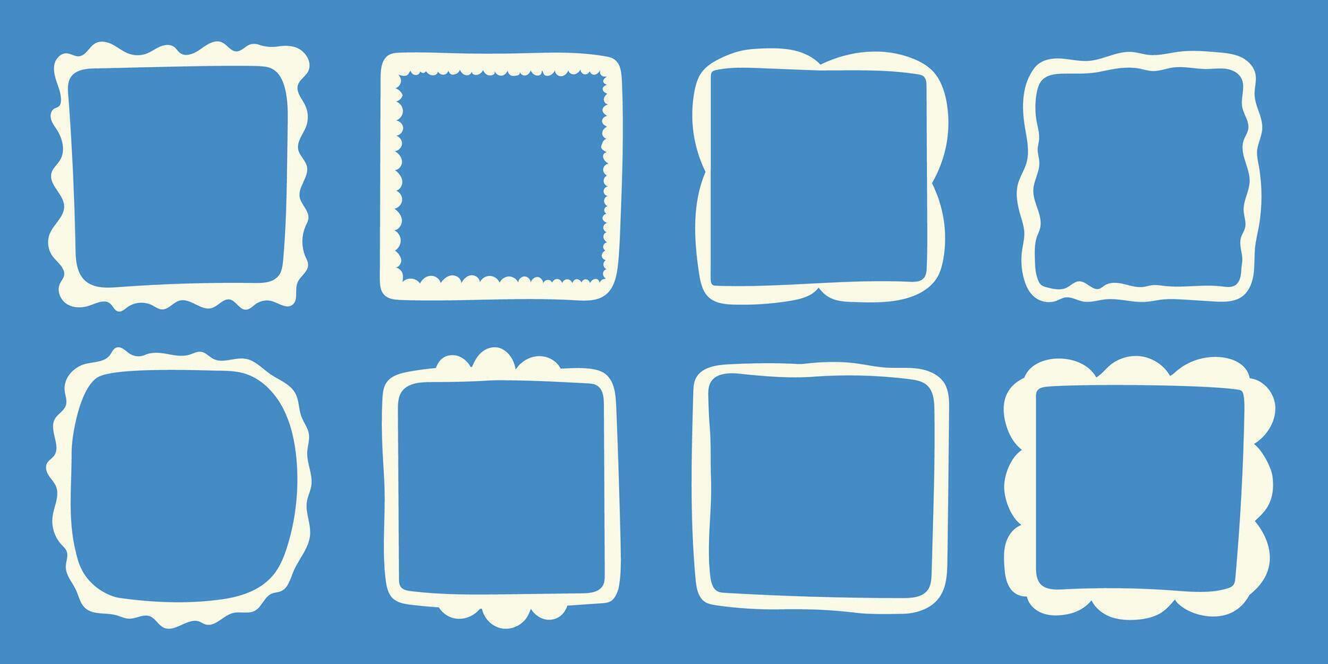 A set of hand-drawn square frames on a brown background. Decorative borders and doodle frames for scrapbooking, invitations, greeting cards, posters, photo albums, and design projects. vector