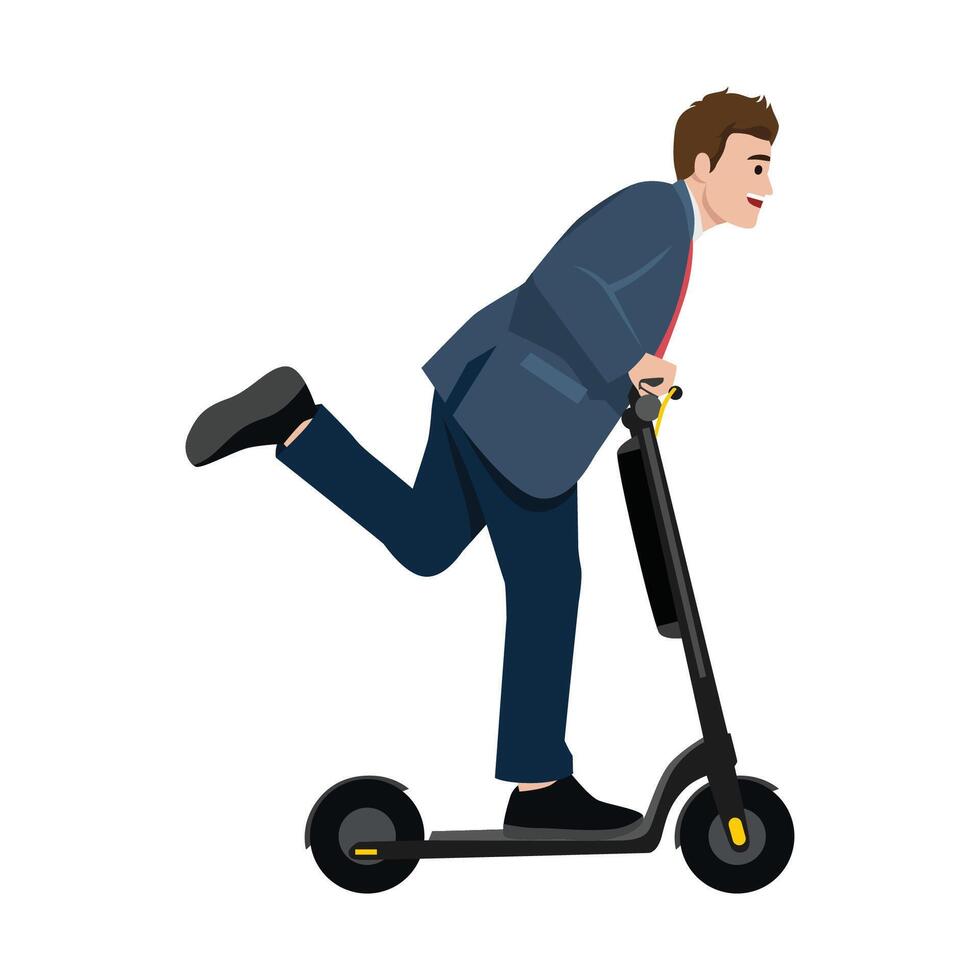 Businessman in a suit rides an electric scooter, modern, eco friendly commute. vector