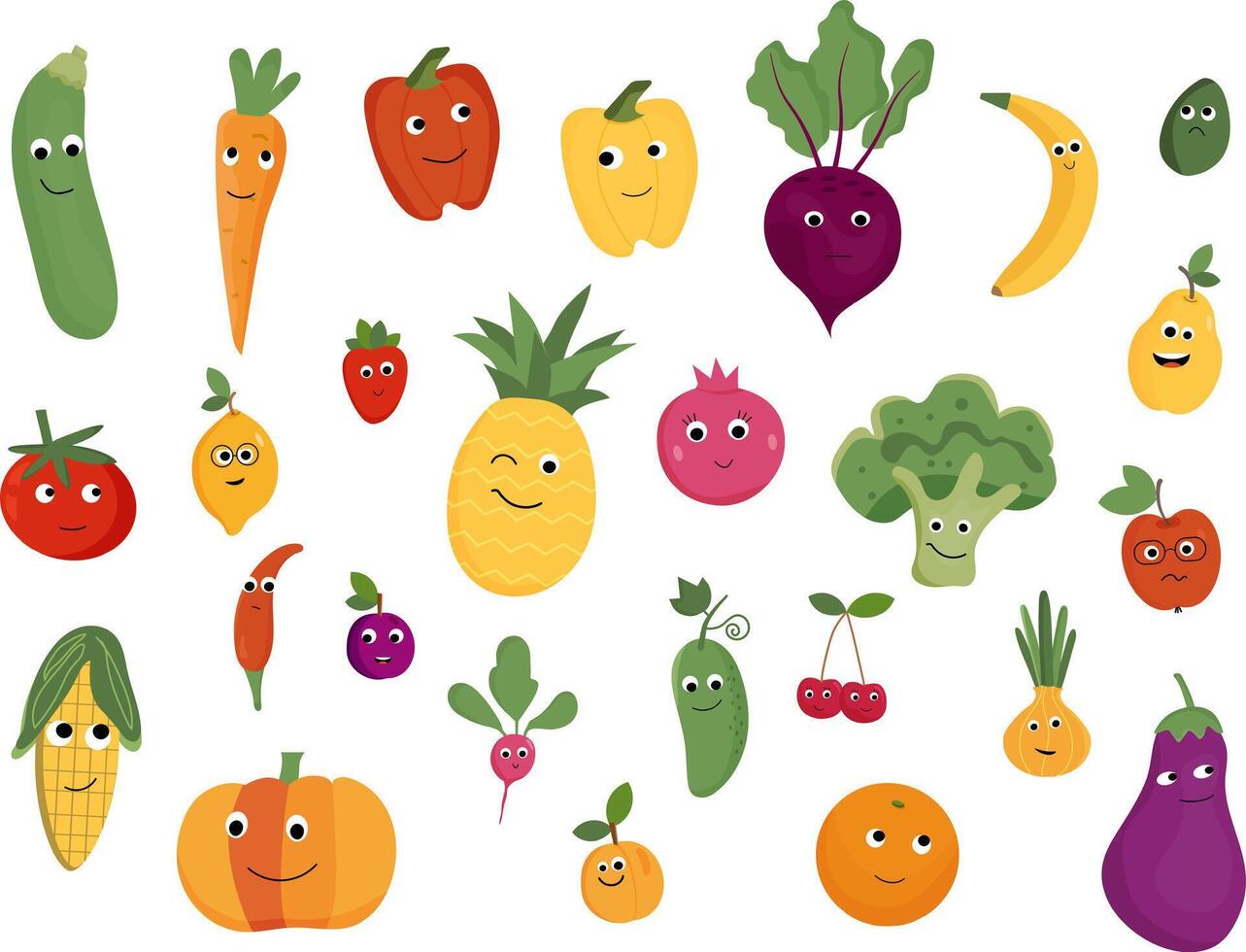 Set of cute fruit and vegetable characters in kawaii style. Cartoon smiling fruit and vegetable faces. vector