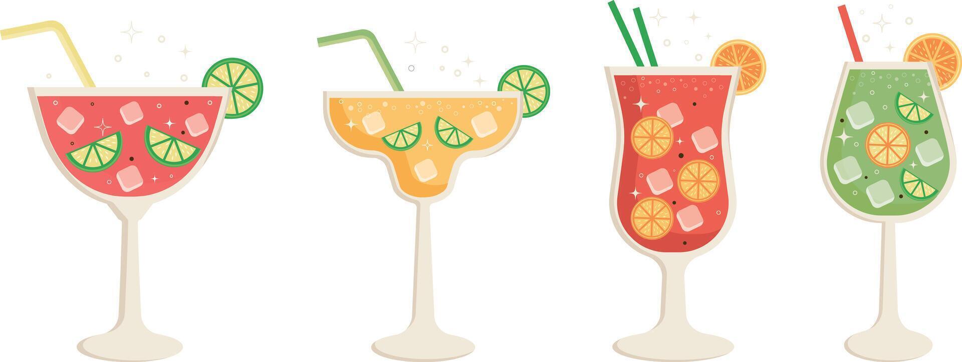 Summer cocktails set. Glasses of summer refreshing drink with ice and lime slices on the white background. vector