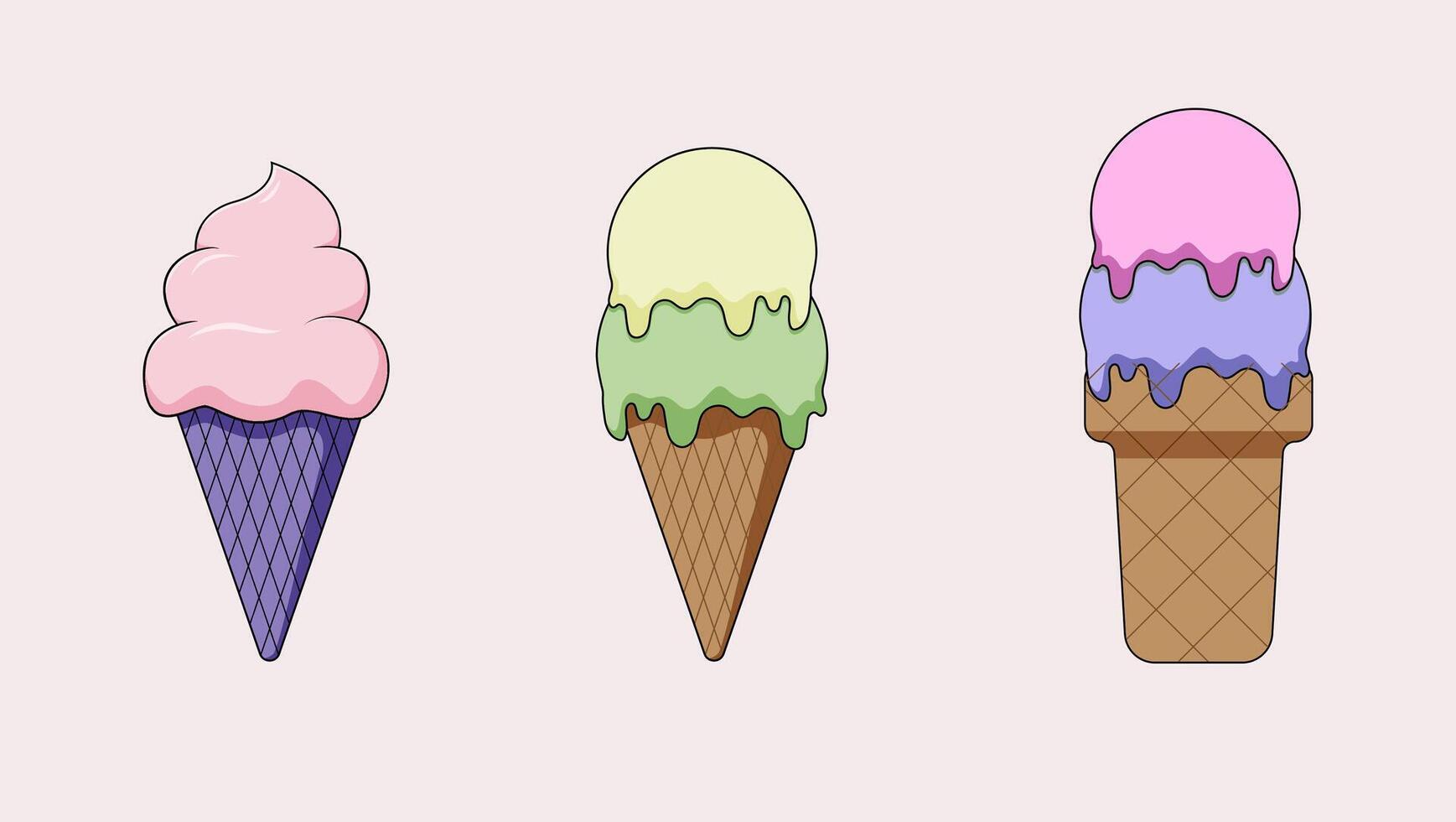 Three different ice cream cones perfect for summer menu designs, foodrelated content, or refreshing advertisements for restaurants and cafes. vector