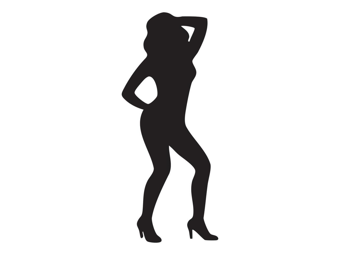 Black silhouette of a dancing woman in a striking pose, isolated on white background, graphic illustration. concept of elegance, female dancer, body movement, icon, logo, decor. vector