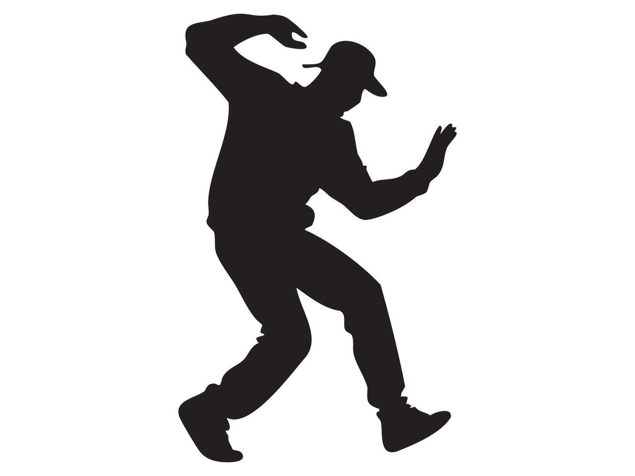 Black silhouette of dancing man in dynamic pose, isolated on white background, graphic illustration. concept of dance, modern movement, hip hop, artistic expression vector