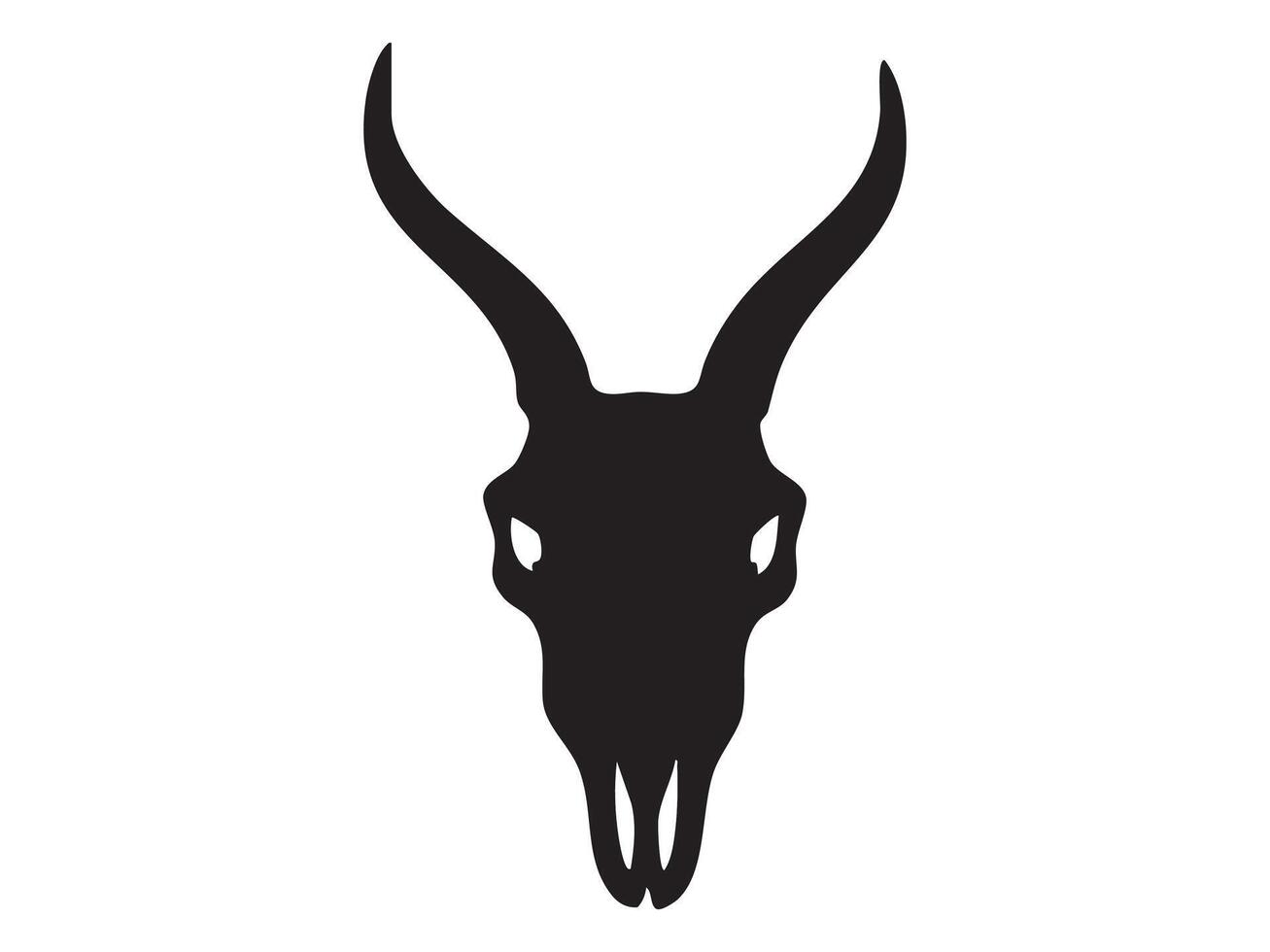 Black silhouette of goat skull with curved horns, isolated on white background, graphic illustration. Concept of wild animal skeleton, rustic tattoo symbol, occult and tribal design element vector