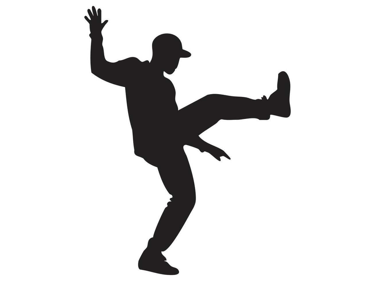 Black silhouette of dancing man in energetic pose, isolated on white background, graphic illustration. concept of movement, dance, energy, human form, design element vector
