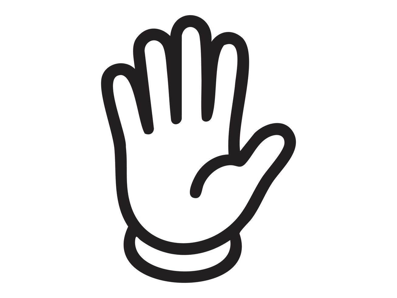 Black outline of open hand palm gesture isolated on white background. Concept of stop signal, greeting, help request, attention sign, cartoon hand illustration vector