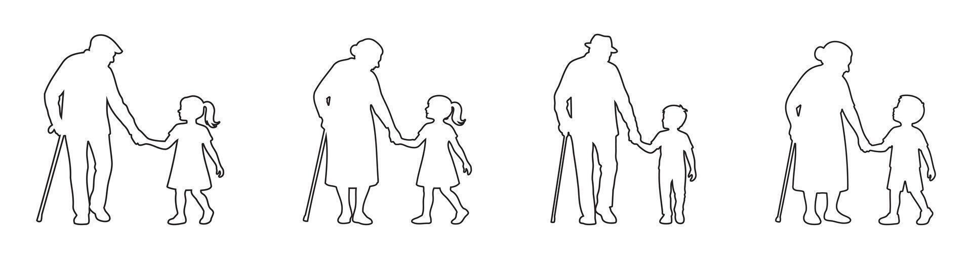 Set of black outline icons of grandparents walking hand in hand with grandchildren isolated on white background. Concept of family generations, childhood, elderly adults walking with children vector