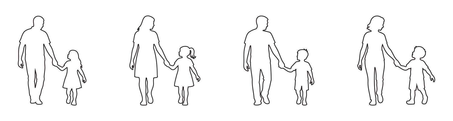 Set of black outline icons of parents walking hand in hand with children isolated on white background. Concept of parenthood, family care, child safety, adults walking together with kids vector