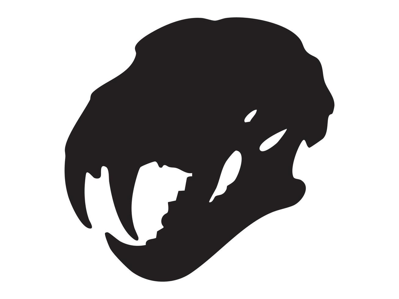 Black silhouette of saber-toothed tiger skull with large fangs isolated on white background, graphic illustration. Concept of prehistoric predator, smilodon skeleton, wild animal fossil design element vector