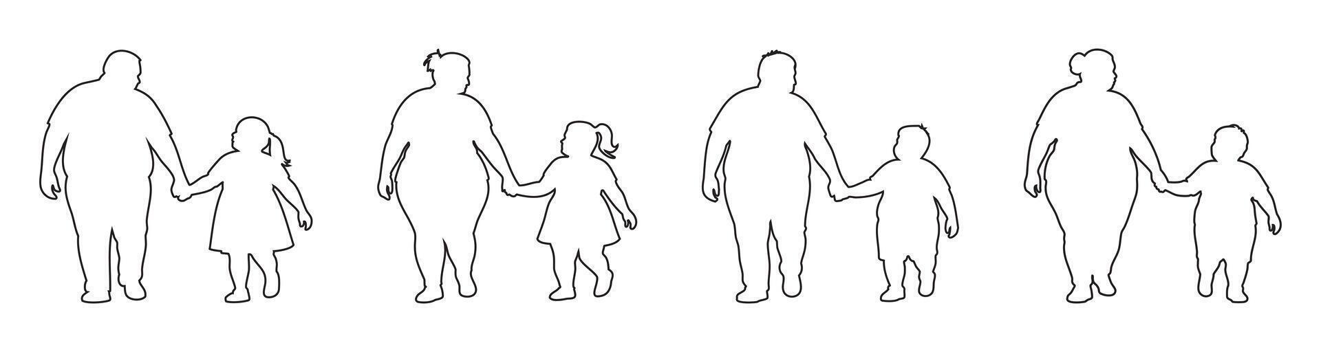 Set of black outline icons of overweight parents walking hand in hand with children isolated on white background. Concept of parenthood, family care, child safety, adults walking together with kids vector