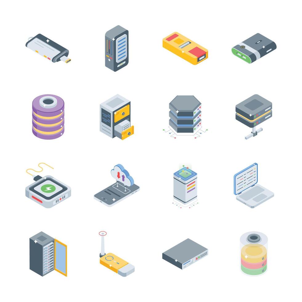 Grab this modern collection of data service isometric style icons vector