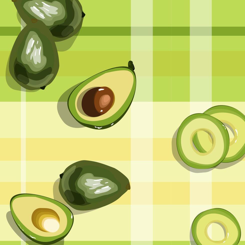 Bakground with diifferent pieces of avocado on the cutting board and kitchen towel. Bright green whole fruit , half, slice, with bone.Products for healthy diet. vector