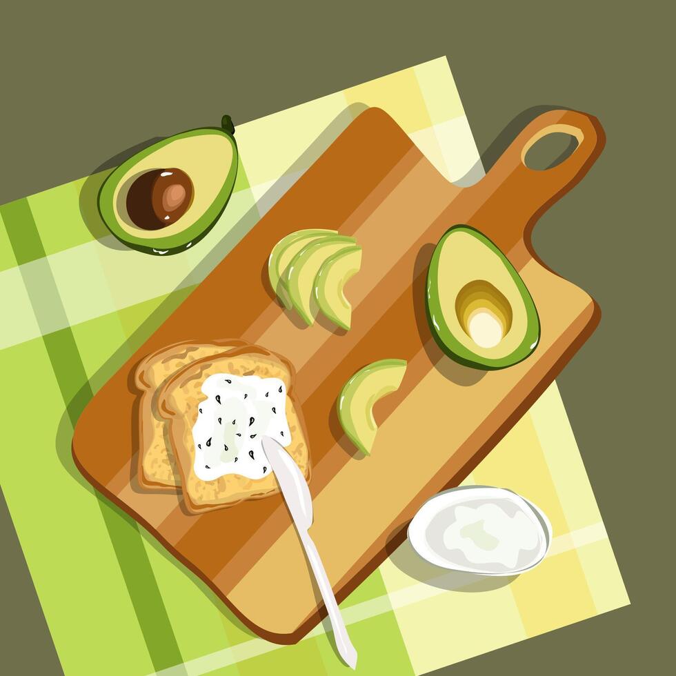Bakground with diifferent pieces of avocado on the cutting board and kitchen towel. Bright green whole fruit ,half, slice, with bone. Products for healthy diet vector