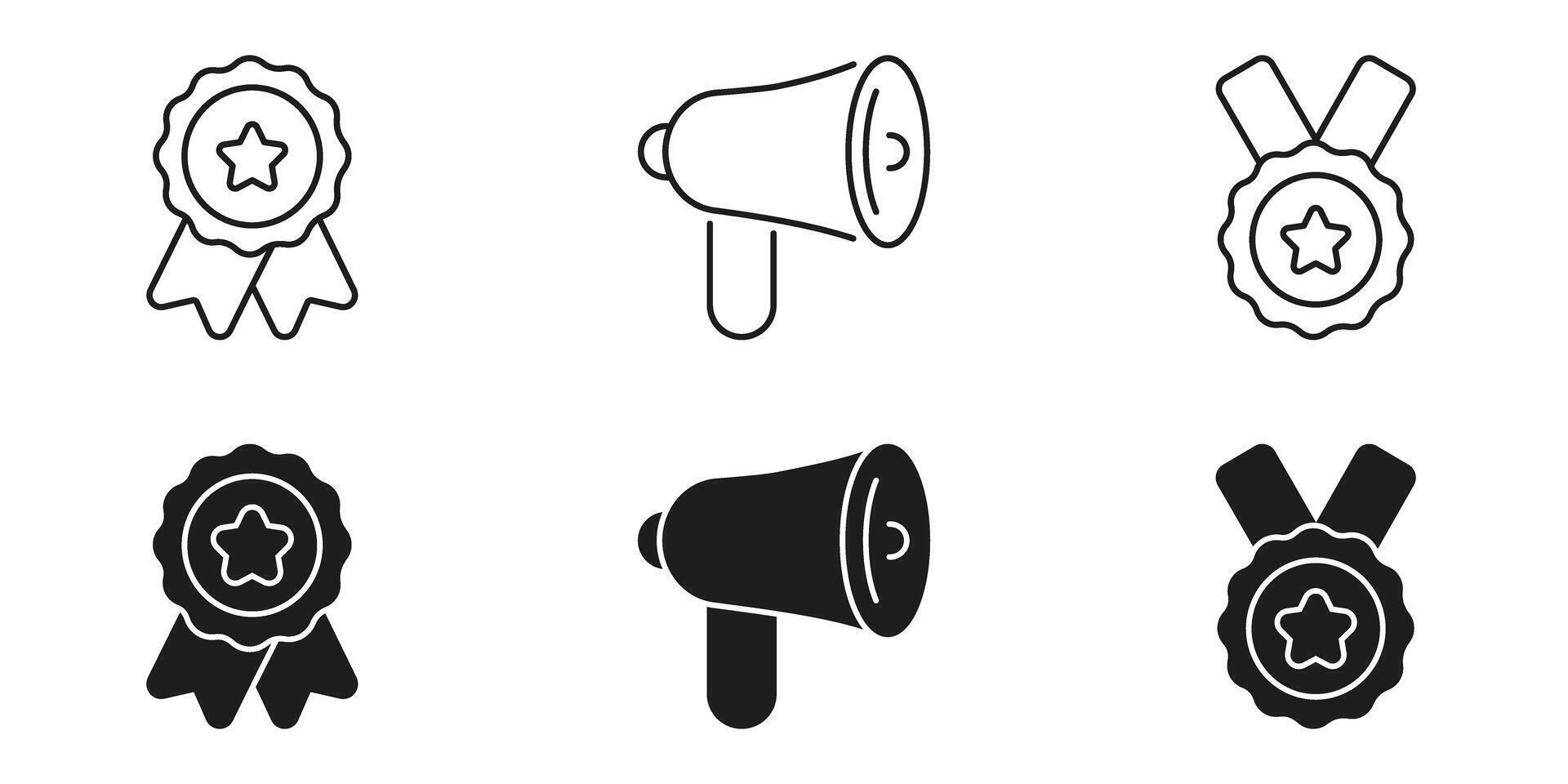 Award Ribbon, Megaphone, And Medal Icon Set. Recognition, Communication, And Achievement Symbol Collection. Celebratory And Announcement Elements. Isolated Illustration vector