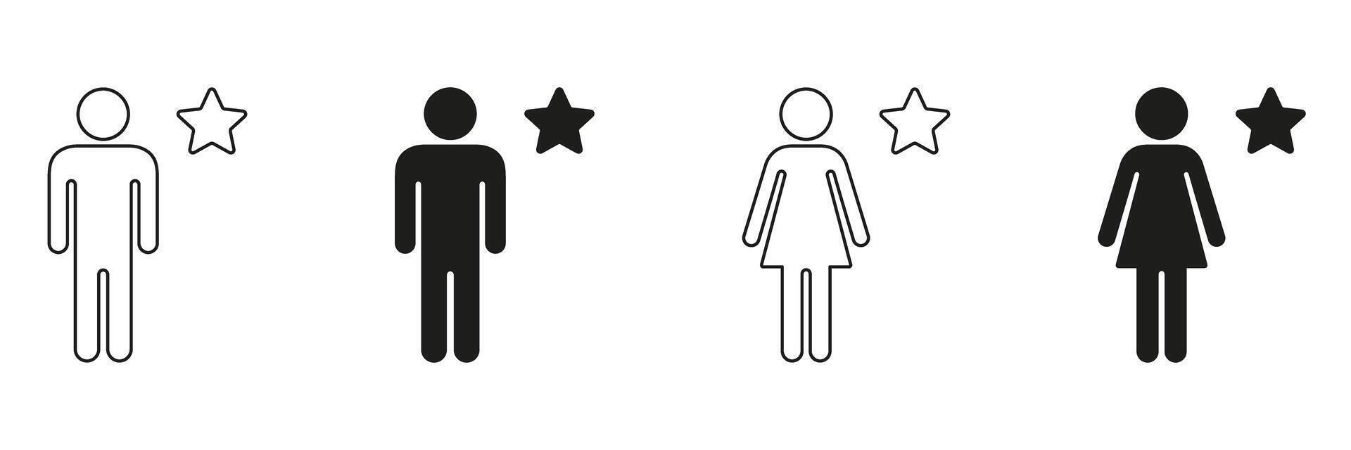 Male And Female Figures With Star Icon Set. Gender Representation And Achievement Recognition Outline And Silhouette Symbol Collection. Human Icons With Star Motif. Isolated Illustration vector