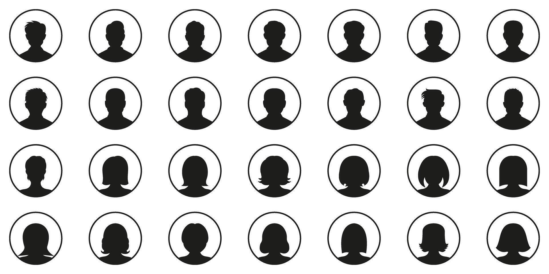 Circular Avatar Head Icons for Profile Identification and User Interface Elements Solid Icon Set. Generic Person Silhouettes in Round Frames Symbol Collection. Isolated Illustration vector