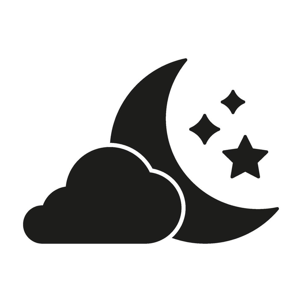 Crescent Moon With Cloud And Stars Solid Icon. Nighttime Weather, Sleep, And Dreaming Silhouette Symbol. Celestial And Atmospheric Conditions. Isolated Illustration vector