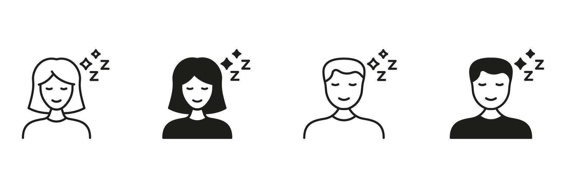 Sleeping Person Line And Solid Icon Set. Relaxation, Rest, And Sleep Symbol Collection. Male And Female Characters With Sleep Symbols. Isolated Illustration vector