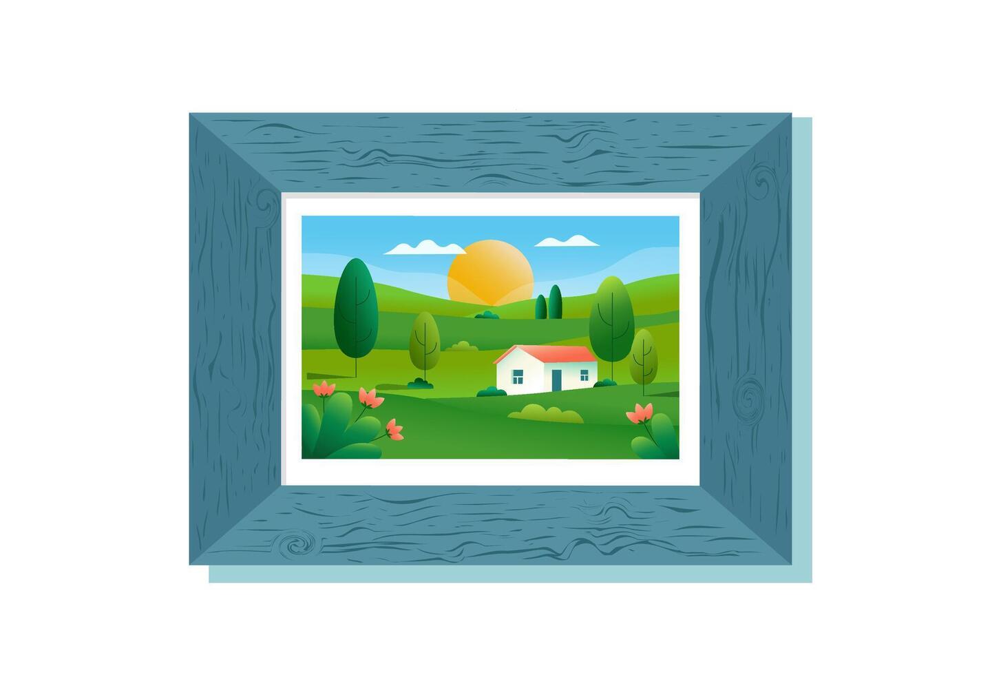 Picture of nature background in wooden frame. Room interior element. Illustration of farm and landscape. Gradient banner. vector