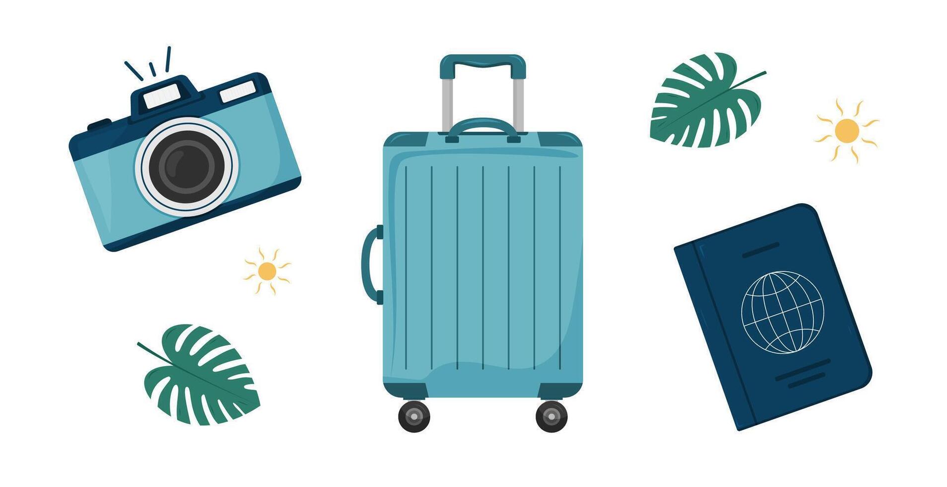 Travel set with suitcase, camera and passport on white background. vector