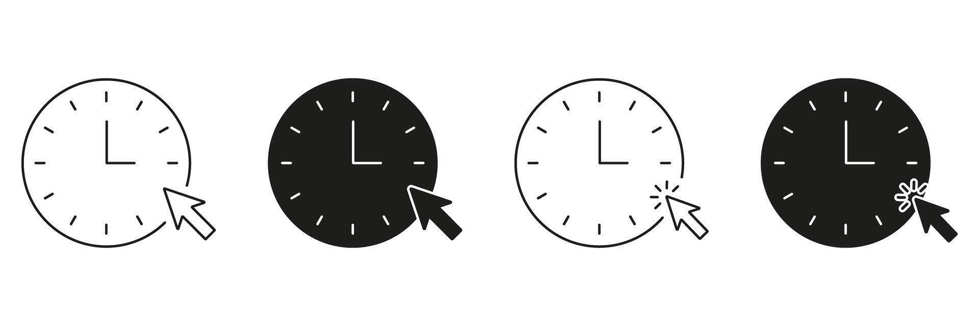 Clock With Cursor Line And Solid Icon Set. Time Management, Scheduling, And Online Interaction Symbol Collection. Digital Efficiency And Productivity Concept. Isolated Illustration vector