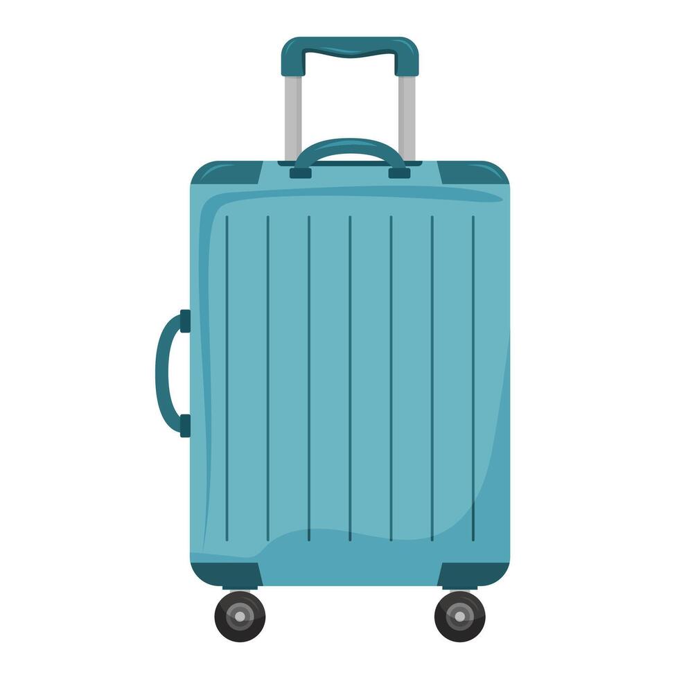 Blue travel suitcase with wheels and handle on white background in flat style. vector
