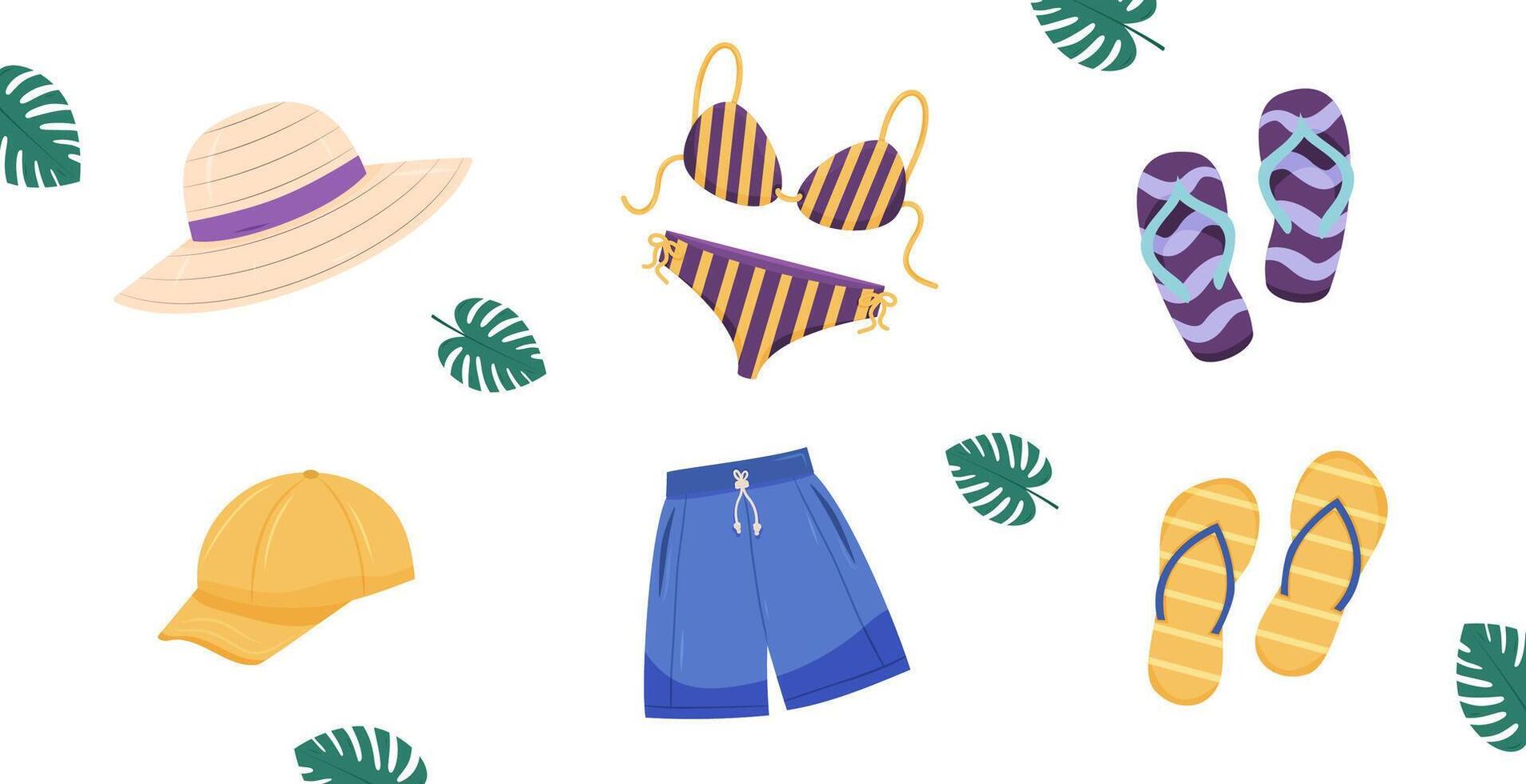 Summer beachwear set with hats, swimwear, and flip-flops on white backdrop. vector