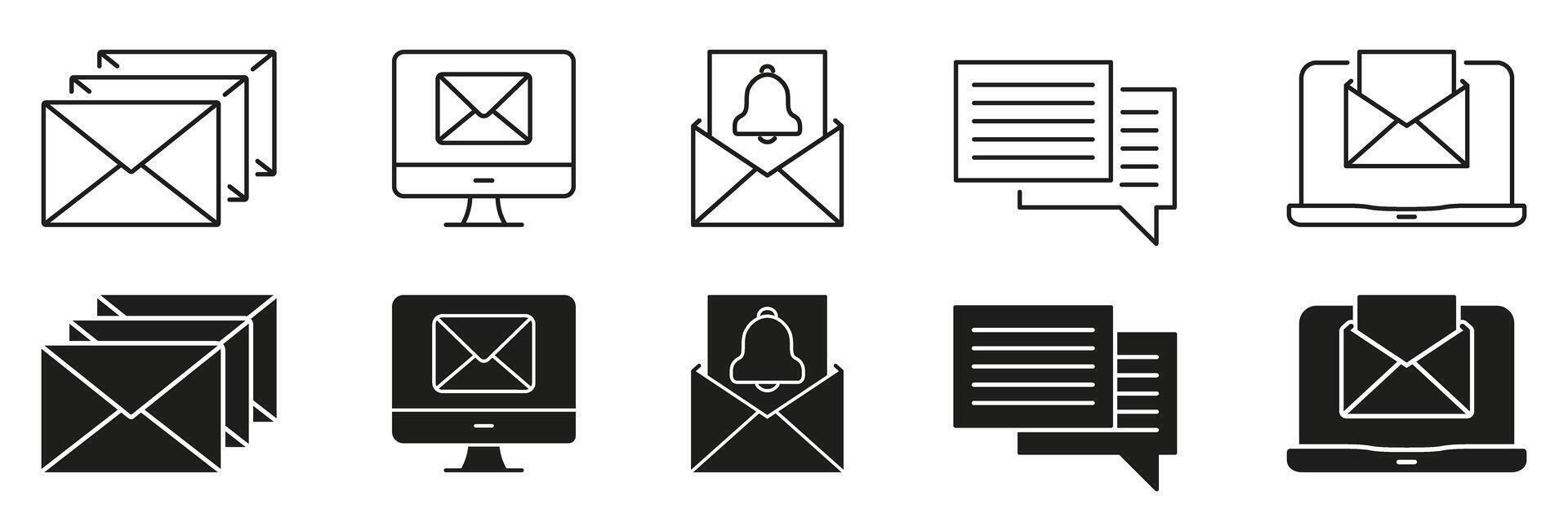 Email and Notification Interface Line and Solid Icon Set. Inbox Messaging, Digital Communication Symbol Collection. Web Interface and User Notification Toolkit. Isolated Illustration vector