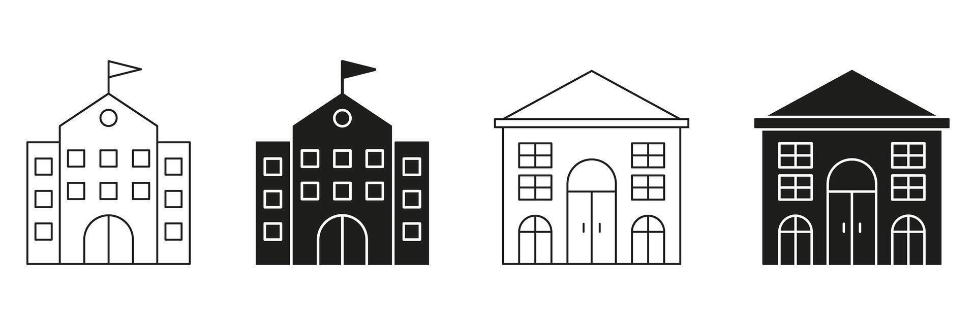 School Building Line And Solid Icon Set. Educational Institution, Learning Center, Academic Facility Silhouette Symbol Collection. Architecture And Campus Design. Isolated Illustration vector