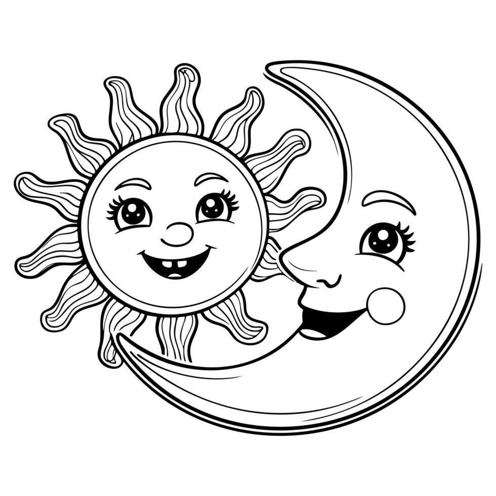 Smiling Sun and Moon Cartoon Coloring Page for Kids vector