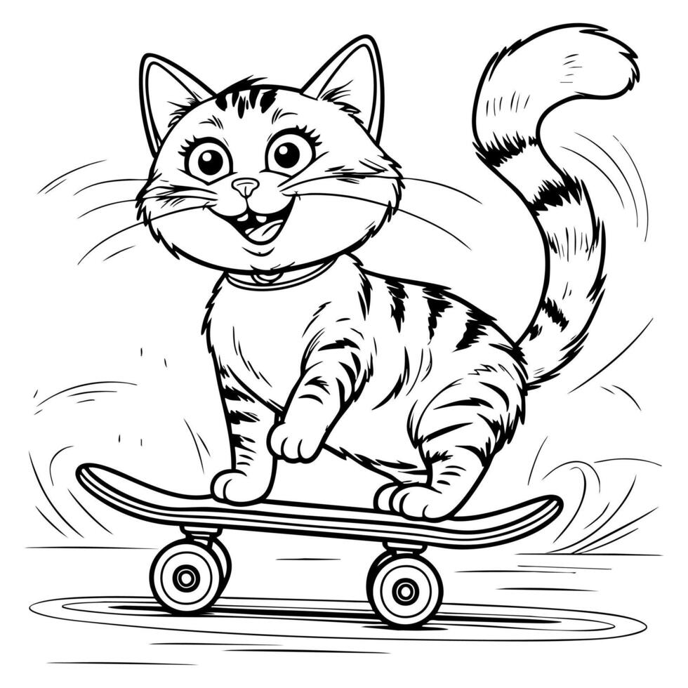 Excited Tabby Cat Skating Swiftly on a Skateboard Coloring Page vector