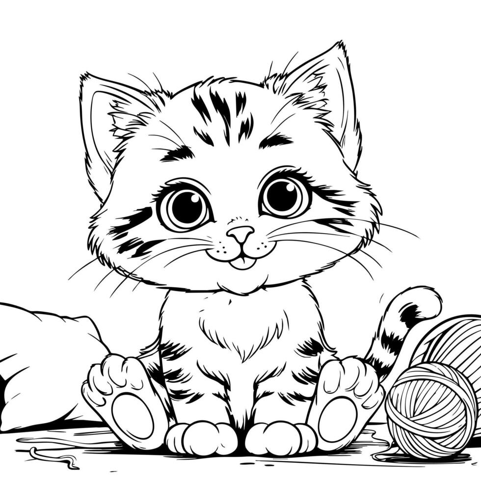 Cute Wide Eyed Kitten Sitting with Yarn Balls and a Pillow vector