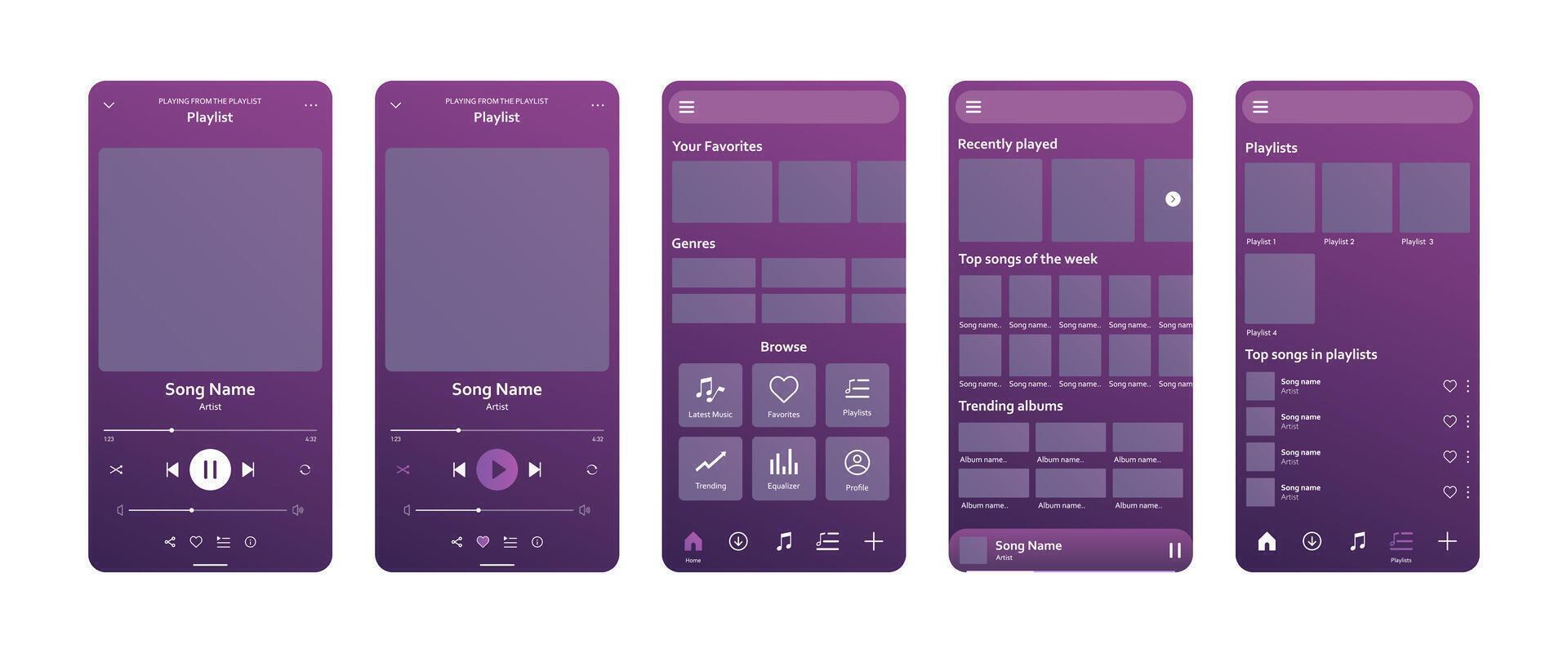 Music player application user interface mockup template with button icons. Modern mobile phone streaming app UI layout illustration vector