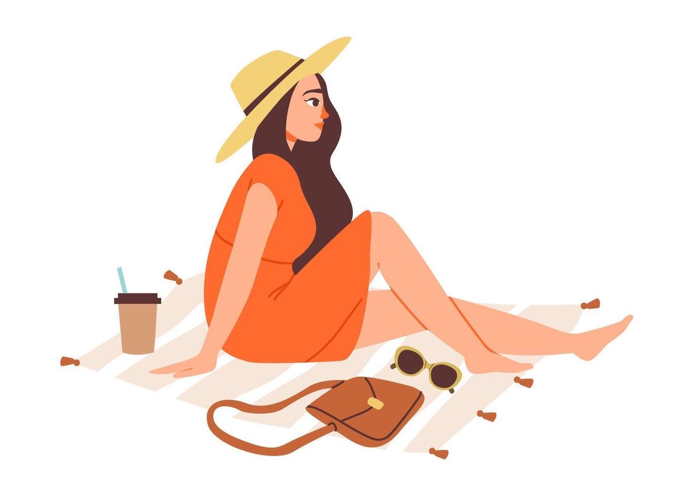 Flat illustration of a woman enjoying a summer picnic on a cozy blanket. Joyful woman, alfresco, and sunny holiday mood. vector