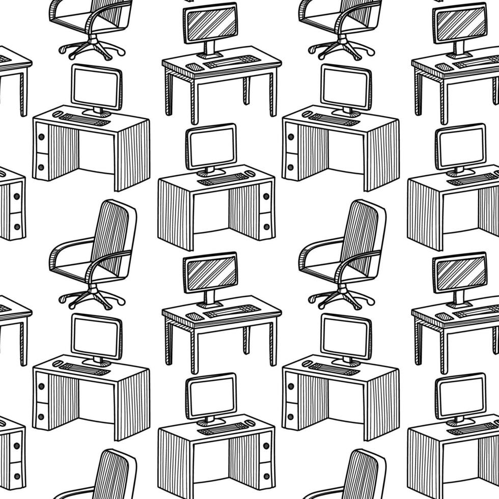 Seamless pattern featuring desks and office chairs suitable for various design projects vector