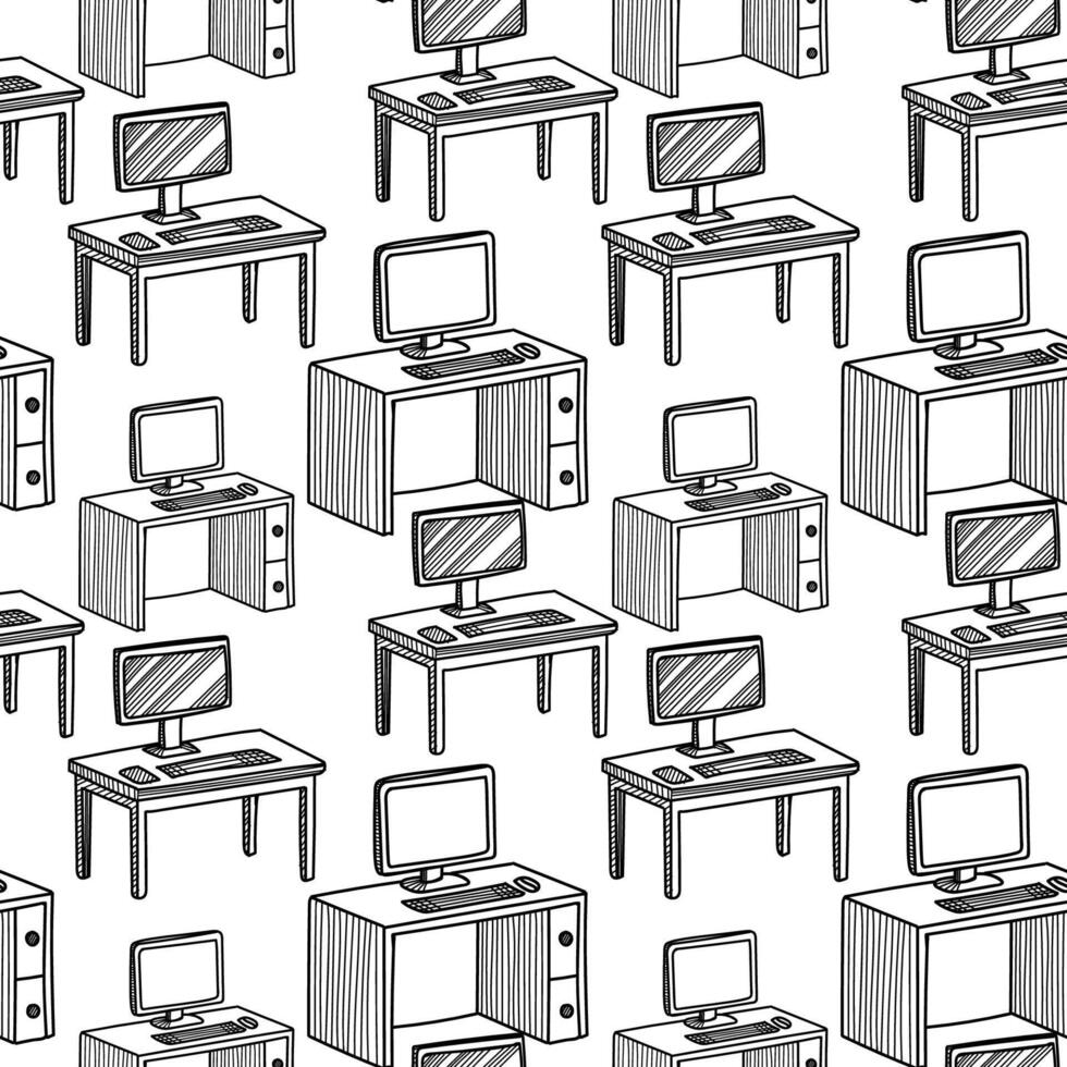 Seamless pattern featuring a variety of desks with computers in a repetitive design suitable for various projects vector