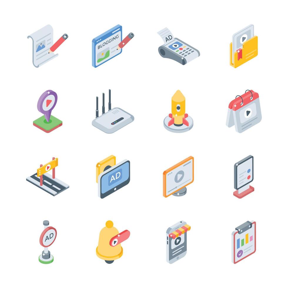 Get this premium collection of digital publicity isometric style icons vector