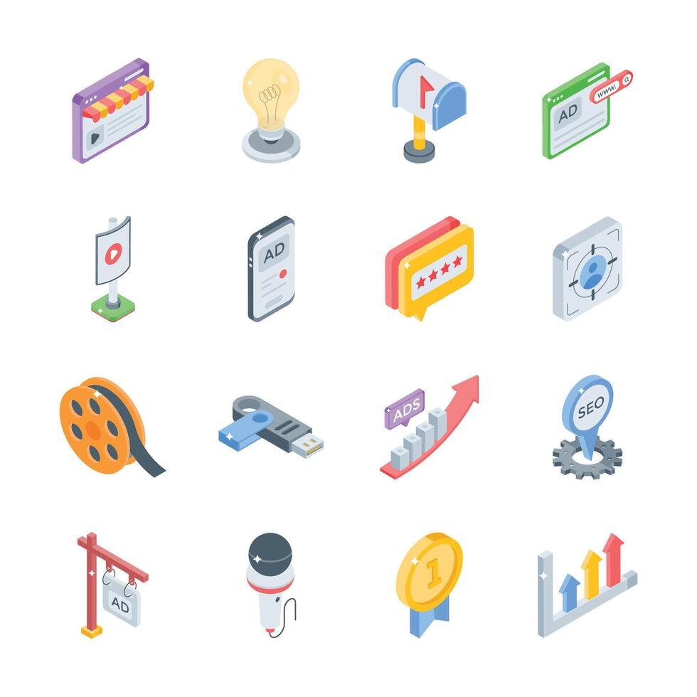 Check out this handy pack of digital advertising isometric style icons vector