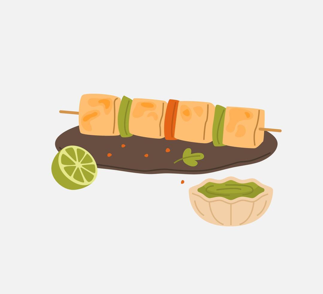 Paneer Tikka Skewer with Green Chutney Illustration vector
