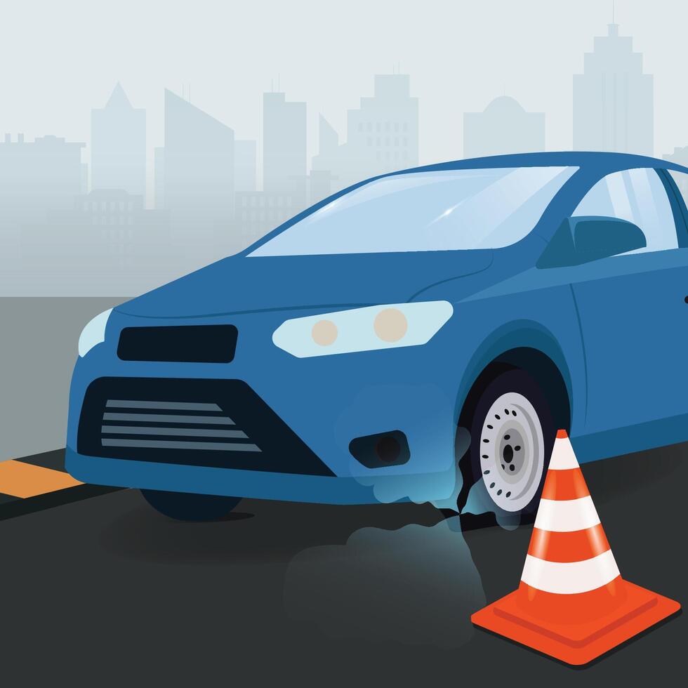 Blue car flat tire with traffic cone graphic design illustration vector