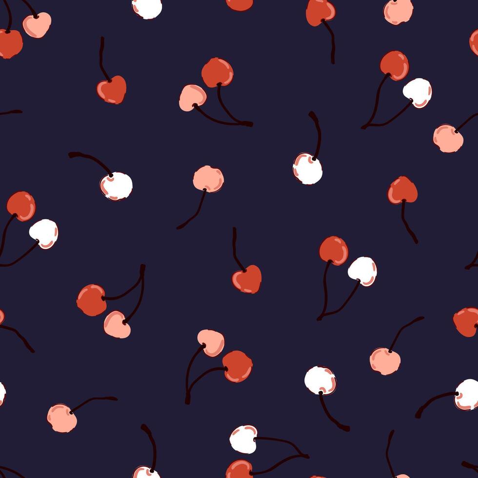 Ripe cherry, seamless fruit pattern red berries green leaves, flowers texture, coquette core vector