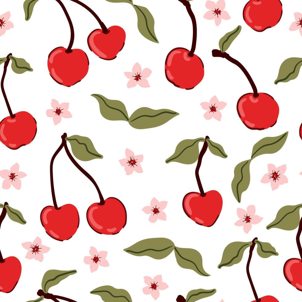 Ripe cherry seamless fruit pattern red berries green leaves, flowers texture, coquette core vector