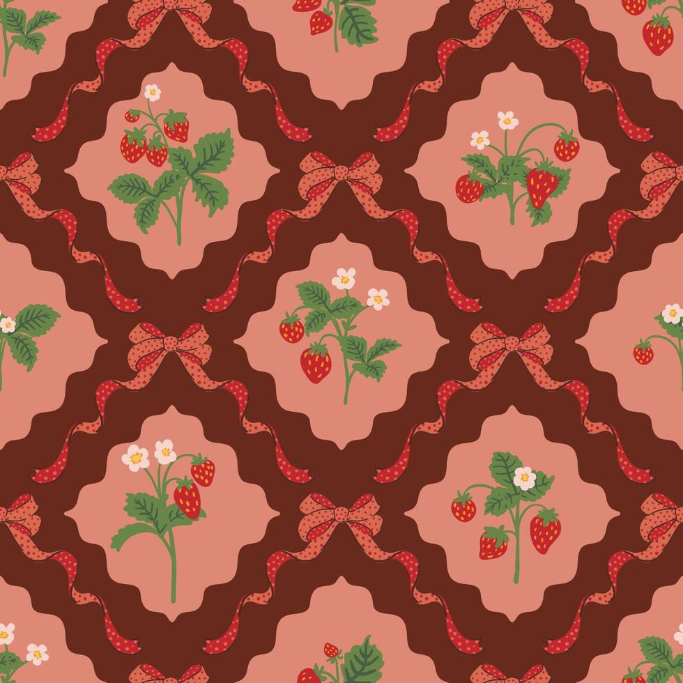Red wild strawberry coquette ribbon bow, trellis checkered seamless pattern Damask Rhombus Background vector